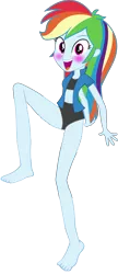 Size: 1200x2780 | Tagged: suggestive, artist:sugar-loop, derpibooru import, edit, editor:grapefruitface, vector edit, rainbow dash, equestria girls, equestria girls series, barefoot, blushing, clothes, feet, female, jacket, looking at you, open mouth, raised leg, simple background, smiling, solo, solo female, transparent background, underwear, underwear edit, vector