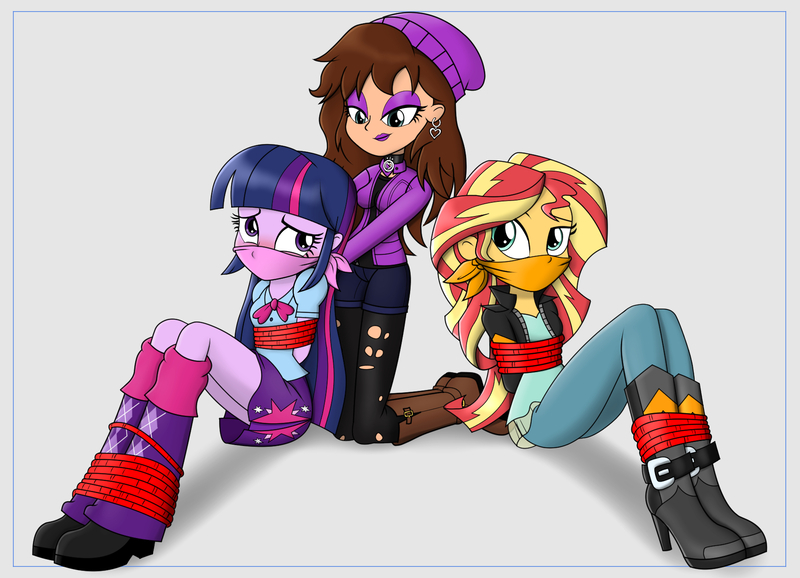 Size: 1800x1300 | Tagged: questionable, artist:nivek15, derpibooru import, sunset shimmer, twilight sparkle, twilight sparkle (alicorn), oc, oc:chloe adore, equestria girls, arm behind back, bondage, boots, bound and gagged, cloth gag, clothes, commission, cute, ear piercing, equestria girls-ified, gag, hands behind back, high heel boots, jacket, leather jacket, leg warmers, lipstick, pants, piercing, pleated skirt, ropes, shoes, simple background, skirt, white background