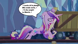 Size: 1280x720 | Tagged: a canterlot wedding, aria, caves, derpibooru import, dishevelled, edit, edited screencap, eyes closed, george frederic handel, handel, italian, lascia ch'io pianga, lyrics, minecart, music notes, open mouth, opera, princess cadance, rinaldo, safe, screencap, season 2, singing, solo, song reference, speech bubble, stealth pun, tears of sadness, teary eyes, text, this day aria