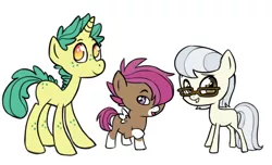 Size: 1000x608 | Tagged: safe, artist:pikokko, derpibooru import, oc, unofficial characters only, earth pony, pegasus, pony, unicorn, colt, freckles, glasses, hair over one eye, male, next generation, offspring, parent:apple bloom, parent:featherweight, parent:pipsqueak, parent:scootaloo, parent:silver spoon, parent:snails, parents:scootasqueak, parents:silverweight, parents:snailbloom, simple background, socks (coat marking), white background