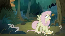 Size: 1920x1080 | Tagged: safe, derpibooru import, screencap, mean fluttershy, ferret, pony, rabbit, squirrel, the mean 6, animal, clone, everfree forest, female, flower, flutterbitch, frightened, mare