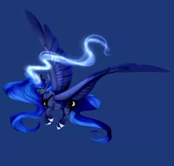 Size: 2000x1900 | Tagged: safe, artist:sheetanii, derpibooru import, princess luna, alicorn, pony, blue background, female, flying, glowing horn, large wings, looking at you, magic, mare, simple background, solo, spread wings, wings