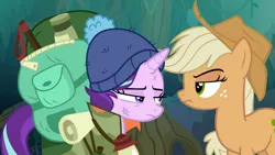 Size: 1920x1080 | Tagged: safe, derpibooru import, screencap, mean applejack, starlight glimmer, earth pony, pony, unicorn, the mean 6, bags, bruised, cap, clone, everfree forest, female, hat, liarjack, mare, tired, tree