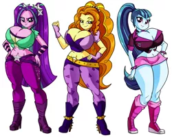 Size: 1330x1070 | Tagged: suggestive, artist:art-2u, derpibooru import, adagio dazzle, aria blaze, sonata dusk, equestria girls, rainbow rocks, belly button, big breasts, bimbo, boots, breasts, busty adagio dazzle, busty aria blaze, busty dazzlings, busty sonata dusk, cleavage, female, females only, high heel boots, high heels, hips, huge breasts, image, megaton returns, midriff, png, shoes, simple background, the dazzlings, thick, thighs, white background, wide hips