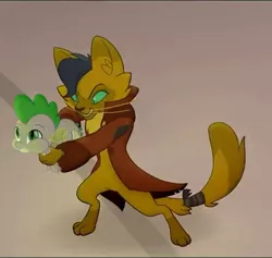 Size: 570x540 | Tagged: abyssinian, anthro, behaving like a weapon, capper dapperpaws, cat, clothes, coat, cropped, derpibooru import, digitigrade anthro, dragon, duo, flamethrower spike, male, my little pony: the movie, paws, puffy cheeks, safe, screencap, spike