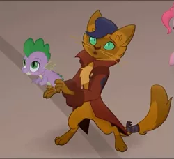 Size: 593x540 | Tagged: abyssinian, anthro, capper dapperpaws, cat, clothes, coat, cropped, derpibooru import, digitigrade anthro, dragon, duo focus, looking up, male, my little pony: the movie, paws, safe, screencap, spike