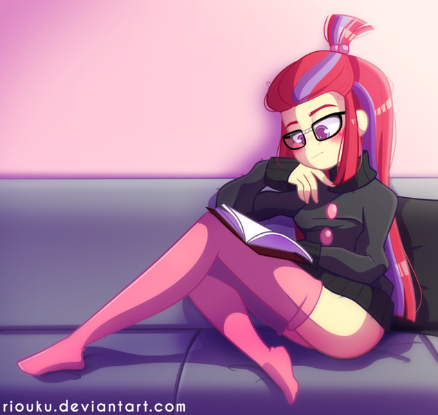 Size: 900x853 | Tagged: suggestive, artist:riouku, derpibooru import, moondancer, human, equestria girls, art trade, blushing, book, bottomless, clothes, equestria girls-ified, female, glasses, humanized, partial nudity, pointed breasts, reading, socks, solo, solo female, stockings, sweater, thigh highs