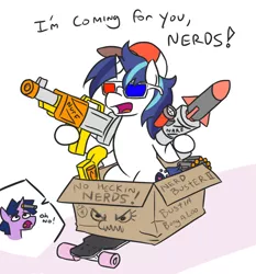 Size: 854x916 | Tagged: safe, artist:jargon scott, derpibooru import, shining armor, twilight sparkle, pony, unicorn, 3d glasses, bust, dialogue, dusk shine, female, gleaming shield, hoof hold, male, mare, narf, nerf, nerf gun, rule 63, skateboard, stallion