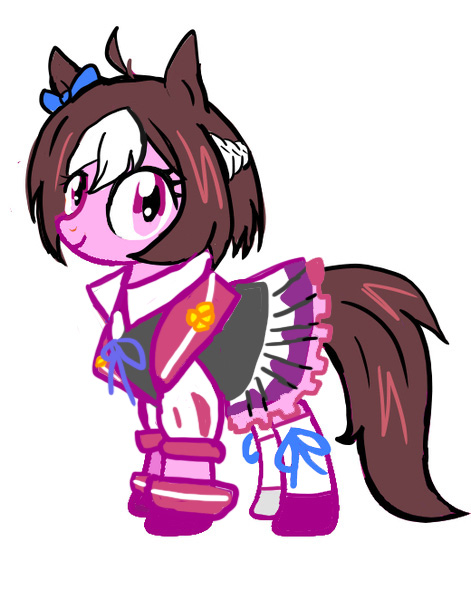 Size: 471x600 | Tagged: artist needed, safe, derpibooru import, ponified, pony, bow, clothes, cute, hair bow, pleated skirt, simple background, skirt, socks, solo, special week, uma musume pretty derby, white background