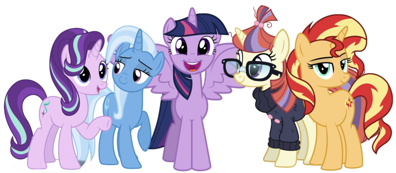 Size: 1913x839 | Tagged: safe, derpibooru import, editor:superbobiann, moondancer, starlight glimmer, sunset shimmer, trixie, twilight sparkle, twilight sparkle (alicorn), alicorn, pony, unicorn, counterparts, female, magical quartet, magical quintet, magical trio, mare, raised hoof, simple background, spread wings, transparent background, twilight's counterparts, twilight's harem, wings