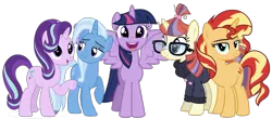 Size: 1913x839 | Tagged: safe, derpibooru import, editor:superbobiann, moondancer, starlight glimmer, sunset shimmer, trixie, twilight sparkle, twilight sparkle (alicorn), alicorn, pony, unicorn, counterparts, female, magical quartet, magical quintet, magical trio, mare, raised hoof, simple background, spread wings, transparent background, twilight's counterparts, twilight's harem, wings