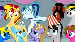 Size: 1280x720 | Tagged: safe, artist:mytri-atari, derpibooru import, sonata dusk, sunset shimmer, pony, unicorn, equestria girls, female, lesbian, my little pony, shipping, sunata