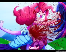 Size: 1290x1020 | Tagged: grimdark, artist:the-butch-x, derpibooru import, pinkie pie, sci-twi, twilight sparkle, smile hd, equestria girls, equestria girls series, abuse, blood, clothes, commission, death, decapitated, decapitation, equestria girls interpretation, excessive blood, female, insanity, reference, scene interpretation, severed head, skirt, smiling, twilybuse, video reference