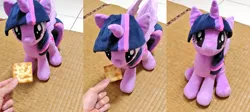 Size: 2294x1024 | Tagged: safe, artist:nekokevin, derpibooru import, twilight sparkle, twilight sparkle (alicorn), alicorn, human, pony, carpet, cookie, cute, eating, female, food, hand, irl, looking at you, mare, nom, offscreen character, photo, plushie, sitting, smiling, toyabetes, twiabetes