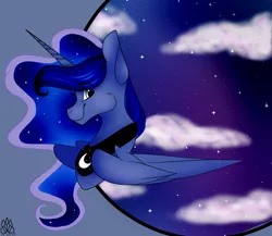 Size: 1500x1300 | Tagged: safe, artist:sheetanii, derpibooru import, princess luna, alicorn, pony, abstract background, bust, ethereal mane, female, jewelry, looking back, mare, missing accessory, necklace, night, peytral, smiling, solo, starry mane, starry night