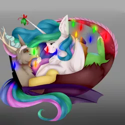 Size: 1024x1024 | Tagged: safe, artist:sheetanii, derpibooru import, discord, princess celestia, alicorn, draconequus, pony, christmas, christmas lights, dislestia, ethereal mane, female, gradient background, holiday, looking at each other, male, mare, mistletoe, shipping, starry mane, straight