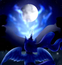 Size: 1800x1900 | Tagged: safe, artist:sheetanii, derpibooru import, princess luna, alicorn, pony, ethereal mane, female, glowing horn, jewelry, mare, moon, night, raising the moon, rear view, regalia, solo, spread wings, starry mane, starry night, wings