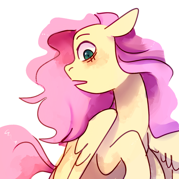 Size: 1500x1500 | Tagged: safe, artist:purruglys, derpibooru import, fluttershy, pegasus, pony, female, looking down, mare, open mouth, shocked, simple background, solo, white background