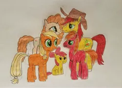 Size: 3987x2870 | Tagged: safe, artist:amaryllisg, derpibooru import, apple bloom, applejack, big macintosh, bright mac, pear butter, pony, apple family, baby, baby apple bloom, baby pony, female, filly, filly applejack, simple background, traditional art, white background, younger