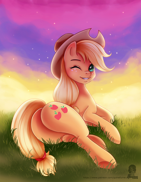 Size: 900x1157 | Tagged: applebutt, applejack, artist:guinefurrie, cowboy hat, cutie mark, derpibooru import, female, freckles, grass, hat, looking at you, looking back, one eye closed, plot, rear view, safe, sexy, side, smiling, solo, stars, stetson, stupid sexy applejack, sunset, underhoof, wink