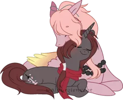 Size: 1024x839 | Tagged: safe, artist:t-aroutachiikun, derpibooru import, ponified, pegasus, pony, unicorn, clothes, gay, kashuu kiyomitsu, male, prone, scarf, shipping, simple background, souza samonji, stallion, touken ranbu, transparent background