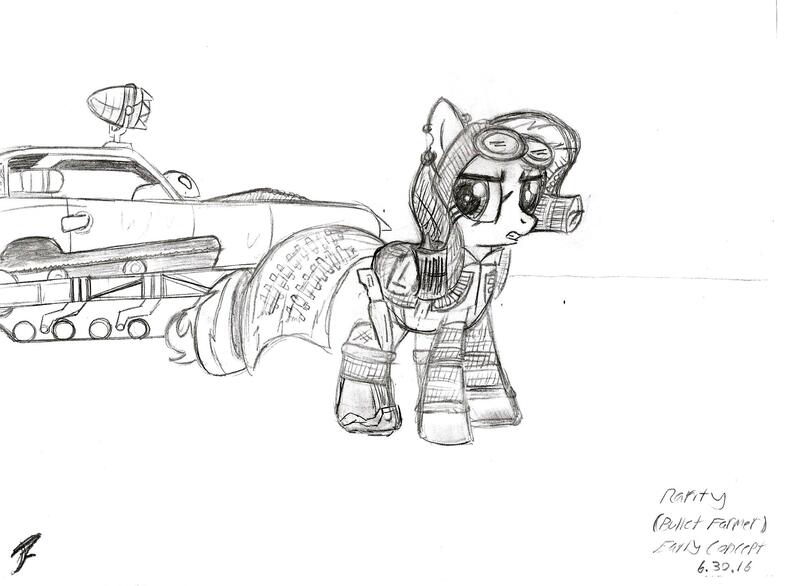 Size: 2224x1630 | Tagged: safe, artist:brekrofmadness, derpibooru import, rarity, pony, bandolier, bullet farmer, car, crossover, goggles, knife, mad max, mad max fury road, monochrome, scar, solo, tank (vehicle), traditional art