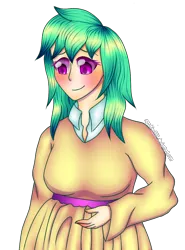 Size: 886x1200 | Tagged: artist:naruhina888, derpibooru import, female, human, humanized, hybrid, interspecies offspring, oc, oc:honey drops, offspring, parent:discord, parent:fluttershy, parents:discoshy, pregnant, safe, signature, simple background, solo, transparent background, unofficial characters only