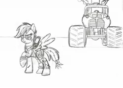 Size: 2084x1480 | Tagged: safe, artist:brekrofmadness, derpibooru import, rainbow dash, pegasus, pony, alternate timeline, apocalypse dash, bandage, crossover, crystal war timeline, female, knife, mad max, mad max fury road, mare, monochrome, monster truck, rictus erectus, simple background, skull, solo, traditional art, white background