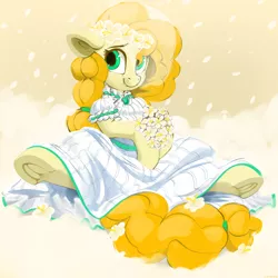 Size: 3000x3000 | Tagged: safe, artist:dimfann, derpibooru import, pear butter, earth pony, pony, beautiful, bouquet, clothes, cute, dress, female, floppy ears, floral head wreath, flower, flower in hair, frog (hoof), high res, hoof hold, looking at you, looking sideways, mare, pearabetes, sitting, smiling, solo, spread legs, spreading, underhoof, wedding dress