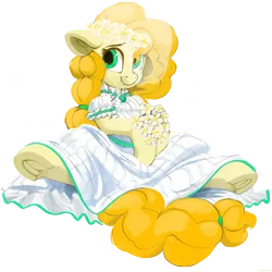 Size: 3000x3000 | Tagged: safe, artist:dimfann, derpibooru import, pear butter, earth pony, pony, beautiful, bouquet, clothes, cute, dress, female, floppy ears, floral head wreath, flower, flower in hair, frog (hoof), hoof hold, looking at you, looking sideways, mare, pearabetes, simple background, sitting, smiling, solo, spread legs, spreading, transparent background, underhoof, wedding dress