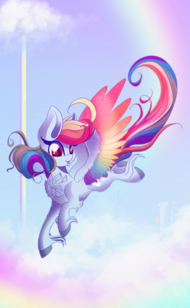 Size: 1024x1658 | Tagged: safe, artist:hagallaz, derpibooru import, rainbow dash, pegasus, pony, :p, big ears, chest fluff, cloud, colored wings, female, flying, leg fluff, mare, multicolored wings, rainbow wings, sky, solo, spread wings, tongue out, unshorn fetlocks, wings