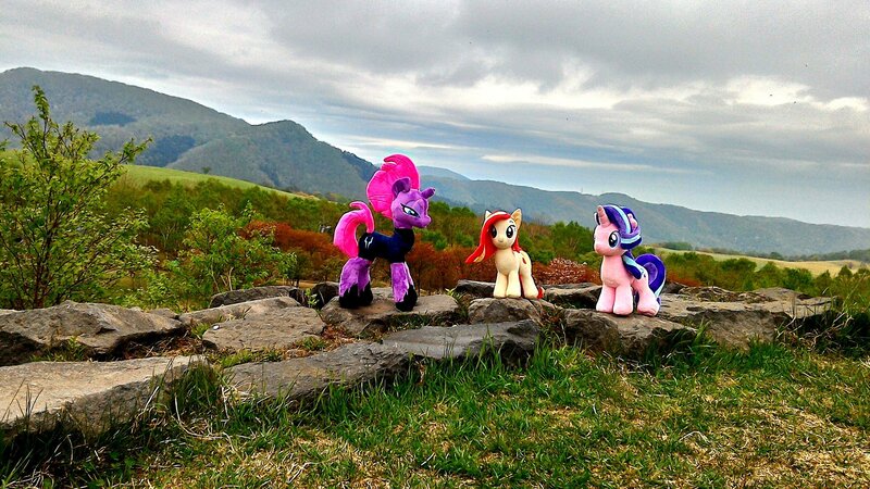 Size: 2048x1152 | Tagged: safe, derpibooru import, photographer:hihin1993, starlight glimmer, tempest shadow, oc, oc:poniko, pony, irl, japan, mountain, photo, plushie, ponies around the world