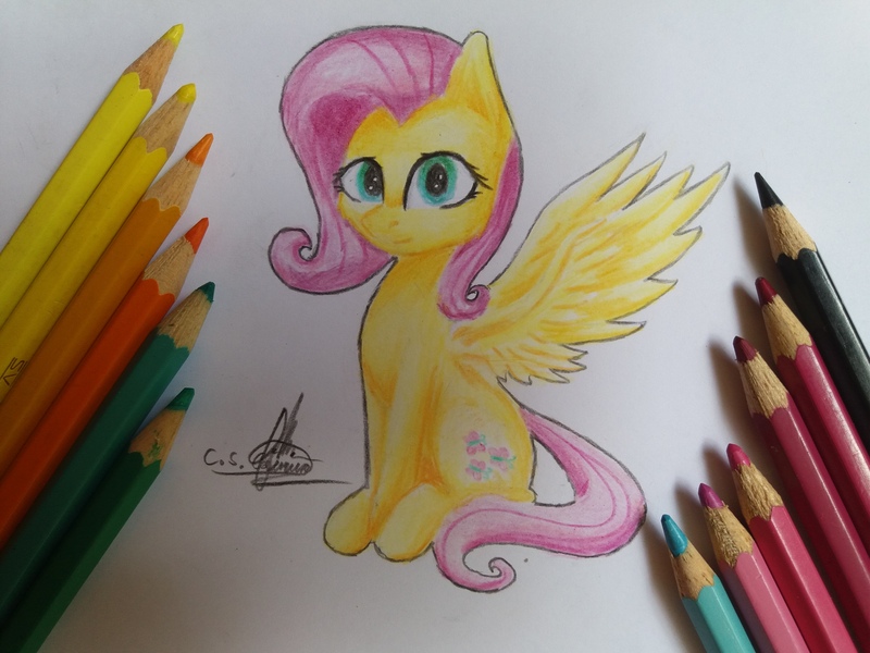 Size: 4128x3096 | Tagged: safe, artist:ironbeastz, derpibooru import, fluttershy, pony, pencil, sitting, solo, traditional art