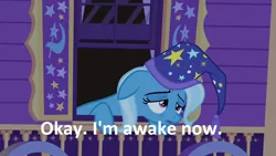 Size: 1280x720 | Tagged: safe, derpibooru import, edit, edited screencap, screencap, trixie, unicorn, to where and back again, clothes, dialogue, female, hat, image macro, meme, solo, tired, trixie yells at everything, trixie's hat, trixie's wagon