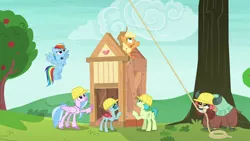 Size: 1280x720 | Tagged: safe, derpibooru import, screencap, applejack, ocellus, rainbow dash, sandbar, silverstream, yona, changedling, changeling, classical hippogriff, earth pony, hippogriff, pegasus, pony, yak, non-compete clause, angry, apple shed, apple tree, building, female, hard hat, male, mare, mouth hold, rope, shed, teenager, tree, wood