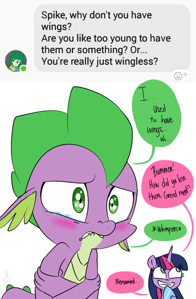 Size: 800x1214 | Tagged: safe, artist:emositecc, derpibooru import, spike, twilight sparkle, twilight sparkle (alicorn), alicorn, dragon, pony, comic:sparkle, abuse, alternate eye color, alternate universe, answer, blushing, crying, dialogue, hurting, implied amputation, question, scared, simple background, smiling, spikeabuse, traumatized, troll, twibitch sparkle, white background