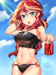 Size: 800x1067 | Tagged: suggestive, artist:tzc, derpibooru import, sunset shimmer, human, equestria girls, equestria girls series, forgotten friendship, anime, armpits, beach babe, belly button, big breasts, bikini, bikini babe, breasts, busty sunset shimmer, clothes, coca-cola, crepuscular rays, cutie mark on clothes, cutie mark on human, cutie mark swimsuit, female, human coloration, humanized, sexy, solo, solo female, summer sunset, swimsuit