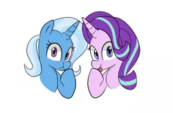 Size: 712x468 | Tagged: safe, artist:lance, derpibooru import, starlight glimmer, trixie, pony, unicorn, :p, :t, boop, cute, diatrixes, duo, female, glimmerbetes, looking at you, mare, self-boop, silly, silly pony, simple background, smiling, tongue out, white background