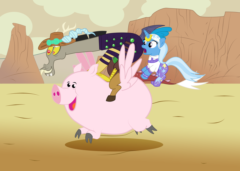 Size: 5000x3566 | Tagged: safe, artist:najibsg, derpibooru import, discord, trixie, draconequus, flying pig, pig, unicorn, crossover, gyro zeppeli, johnny joestar, jojo's bizarre adventure, steel ball run