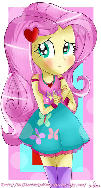 Size: 2900x5381 | Tagged: safe, artist:vixelzf, derpibooru import, fluttershy, equestria girls, alternate design, blushing, clothes, cute, glowing eyes, heart, jewelry, looking at you, nail polish, necklace, shy, shyabetes, simple background, skirt, smiling, socks, solo, thigh highs, zettai ryouiki