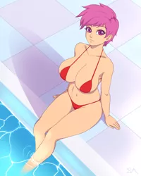 Size: 2400x3000 | Tagged: absolute cleavage, artist:souladdicted, big breasts, bikini, breasts, busty scootaloo, cleavage, clothes, derpibooru import, edit, female, high angle, human, humanized, looking at you, micro bikini, older, older scootaloo, red swimsuit, scootaloo, sitting, solo, solo female, stupid sexy scootaloo, suggestive, swimming pool, swimsuit, water