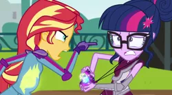 Size: 1280x705 | Tagged: safe, derpibooru import, edit, edited screencap, screencap, sci-twi, sunset shimmer, twilight sparkle, comic:a new change, equestria girls, angry, mood swing, pregnant, pregnant edit, teen pregnancy, young adult pregnancy