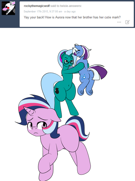 Size: 600x800 | Tagged: safe, artist:dekomaru, derpibooru import, oc, oc:aurora, oc:hazel lulamoon, oc:nebula, unofficial characters only, pony, unicorn, tumblr:ask twixie, ask, bipedal, colt, female, filly, magical lesbian spawn, male, offspring, parent:trixie, parent:twilight sparkle, parents:twixie, tumblr, underhoof