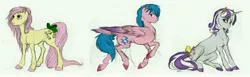 Size: 6064x1872 | Tagged: safe, artist:earthsong9405, deleted from derpibooru, derpibooru import, firefly, posey, twilight velvet, earth pony, pegasus, pony, unicorn, bow, cloven hooves, colored hooves, colored wings, colored wingtips, female, g1, g1 to g4, g4, generation leap, headcanon, long description, mare, mother, realistic anatomy, realistic horse legs, shoulder feathers, sitting, tail bow, tail feathers, traditional art, trio, trotting, wing claws