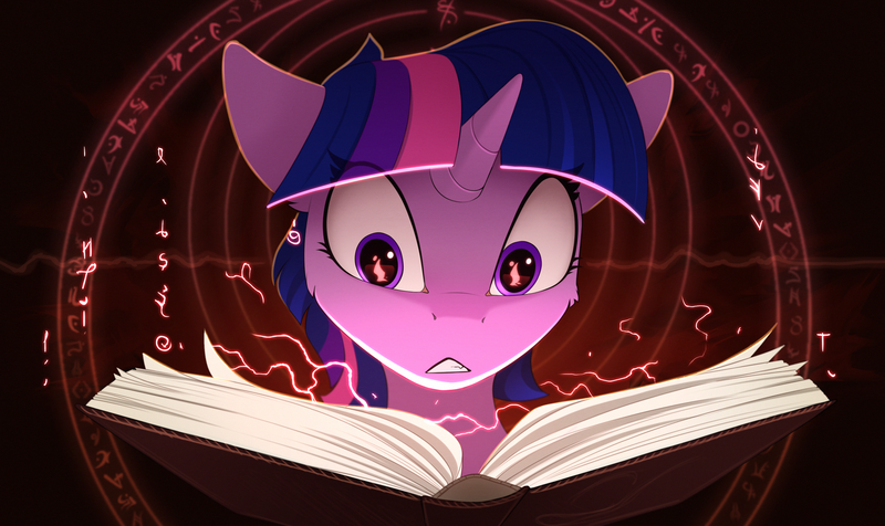 Size: 2100x1250 | Tagged: safe, artist:yakovlev-vad, derpibooru import, twilight sparkle, pony, art, book, eye clipping through hair, female, fire, flame eyes, magic, magic circle, mare, open book, red lightning, solo, this will not end well, wingding eyes