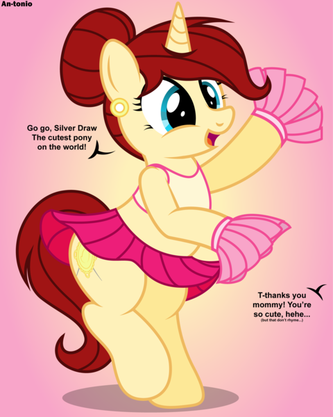 Size: 3998x5000 | Tagged: safe, artist:an-tonio, color edit, derpibooru import, edit, oc, oc:golden brooch, unofficial characters only, pony, unicorn, cheerleader, clothes, colored, cute, dialogue, ear piercing, earring, female, hair bun, jewelry, mare, milf, moe, mother, ocbetes, offscreen character, piercing, pleated skirt, pom pom, skirt, skirt lift, solo