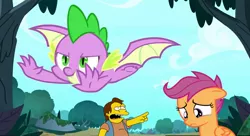 Size: 1118x608 | Tagged: derpibooru import, edit, edited screencap, everyone but scootaloo can fly, molt down, nelson muntz, safe, scootabuse, scootaloo, scootaloo can't fly, screencap, source needed, spike, the simpsons, winged spike