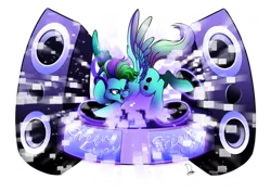 Size: 3507x2480 | Tagged: safe, artist:dormin-kanna, derpibooru import, oc, unofficial characters only, pegasus, pony, commission, female, headphones, mare, simple background, solo, speakers, transparent background, turntable