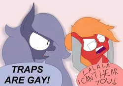 Size: 2510x1764 | Tagged: safe, artist:moonatik, derpibooru import, edit, oc, oc:moonatik, oc:selenite, unofficial characters only, bat pony, bat pony oc, clothes, dialogue, exploitable, glasses, lalala, male, meme, trap, traps are gay