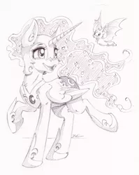 Size: 2140x2683 | Tagged: safe, artist:faline-art, derpibooru import, nightmare moon, alicorn, bat, pony, female, flying, grayscale, mare, monochrome, simple background, sketch, smiling, traditional art, white background